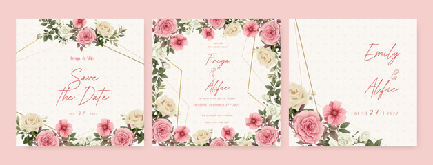 Pink and white rose luxury wedding invitation with golden line art flower and botanical leaves, shapes, watercolor. Wedding floral watercolor background with square post template and social media