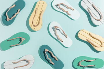 Summer flip flops flat lay, minimal repeat pattern, set of beach footwear vivid colored, top view...
