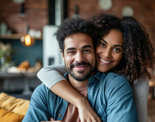  happy african american couple hugging in their home, generated by ai - obrazy, fototapety, plakaty