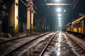 Fototapeta na wymiar Secret in the dark: Handwritten editing of old shafts and trolley tracks exploring abandoned coal mines and the mysteries of mines generative ai