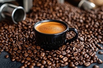 An artisan coffee cup surrounded by coffee beans and equipment