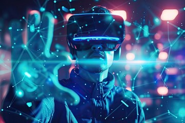 Futuristic technology concept Showing a person using virtual reality equipment in a high-tech environment