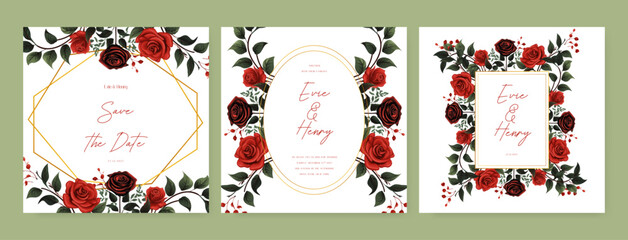 Red rose luxury wedding invitation with golden line art flower and botanical leaves, shapes, watercolor. Wedding floral watercolor background with square post template and social media