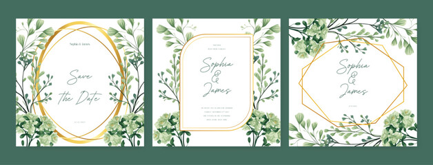 Green rose wedding invitation card template with flower and floral watercolor texture vector. Wedding floral watercolor background with square post template and social media