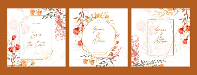 Orange and red rose beautiful wedding invitation card template set with flowers and floral. Wedding floral watercolor background with square post template and social media