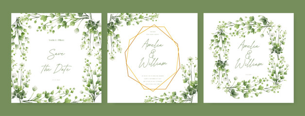 White jasmine artistic wedding invitation card template set with flower decorations. Wedding floral watercolor background with square post template and social media