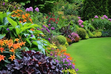 Lush garden with a variety of colorful flowers and plants
