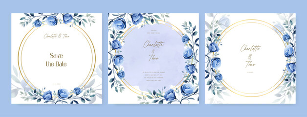 Blue rose elegant wedding invitation card template with watercolor floral and leaves. Wedding floral watercolor background with square post template and social media