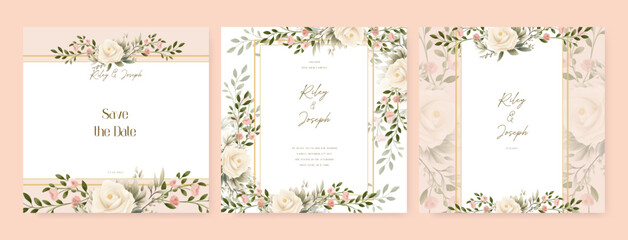 White and beige rose modern wedding invitation template with floral and flower. Wedding floral watercolor background with square post template and social media