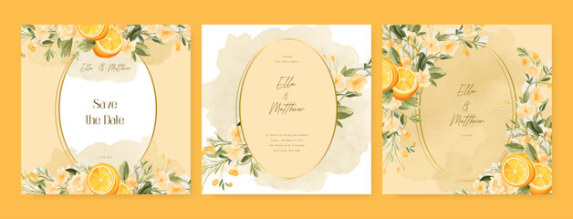 Yellow cosmos and lemon wedding invitation card template with flower and floral watercolor texture vector. Wedding floral watercolor background with square post template and social media