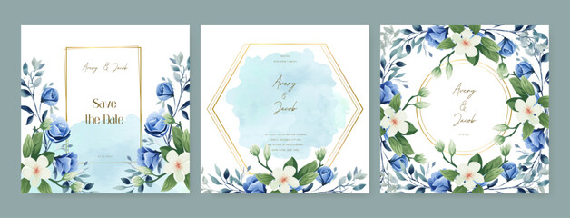 Blue and white rose and cosmos elegant wedding invitation card template with watercolor floral and leaves. Wedding floral watercolor background with square post template and social media