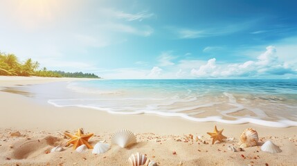 ocean sand summer background illustration waves hot, tropical seashells, palm paradise ocean sand summer background