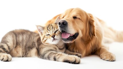 Publicidade pet, cachorro com gatinho juntos em um fundo infinito branco