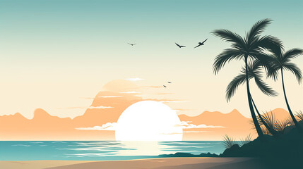 Fototapeta na wymiar minimalistic beach landscape with sunset. cut out illustration