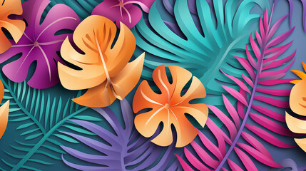 colorful paper cut tropic background summer trendy poster with exotic leaves summer backdrop
