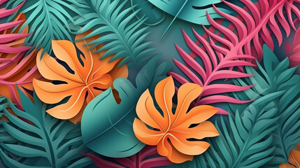 colorful summer trendy poster with exotic leaves, summer vacation backdrop.