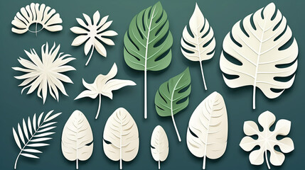 Fototapeta na wymiar paper tropical leaves. exotic plants in origami trendy style tropical white paper on green background