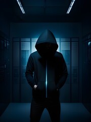 hacker with hood and mask in dark background - obrazy, fototapety, plakaty
