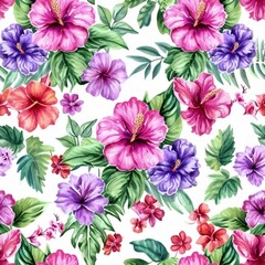 Watercolor flowers pattern, purple and pink tropical elements, green leaves, white background