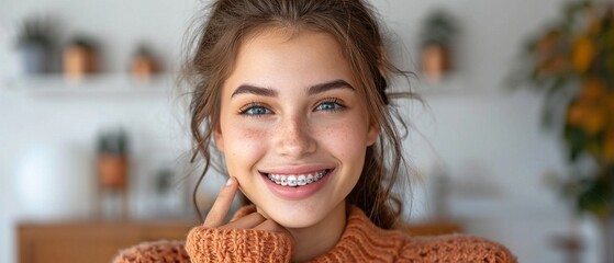 The braces on the teeth of a youthful, attractive brunette woman are pointed out on her face.