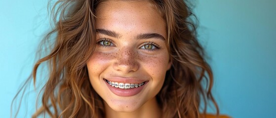 The braces on the teeth of a youthful, attractive brunette woman are pointed out on her face. - obrazy, fototapety, plakaty