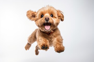 Healthy and happy Maltipoo dog jumping with fluffy paws in a studio portrait
