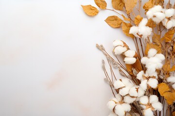 Autumn theme Eucalyptus branches cotton flowers dried leaves on gray background Fall concept Flat...