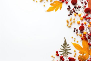 Fototapeta na wymiar Autumn themed arrangement with foliage and berries on white surface