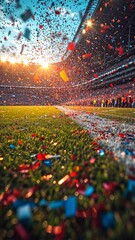 A backdrop of fluttering confetti in a football stadium