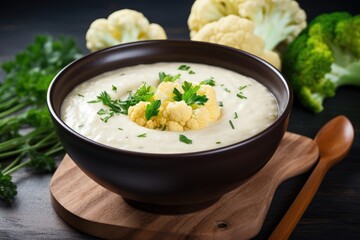 Healthy vegan warm soup made with pureed cauliflower