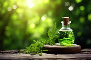 Herbal remedies in flask and mortar on rustic wooden background with green bokeh - obrazy, fototapety, plakaty