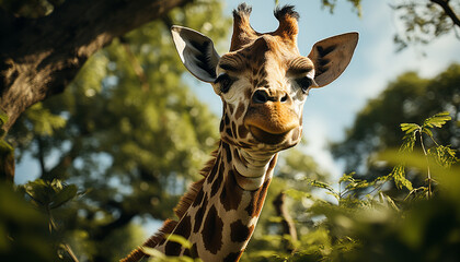 Obraz premium Giraffe standing in the meadow, looking at camera generated by AI