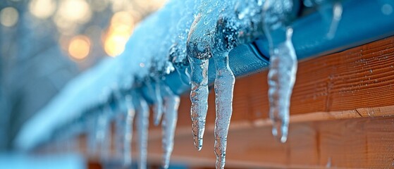 Water icicles made of ice dangle from a house's roof in the snow during the chilly winter. - obrazy, fototapety, plakaty