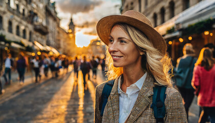 Digital nomad woman traveling with backpack and sun hat in the city during sunset