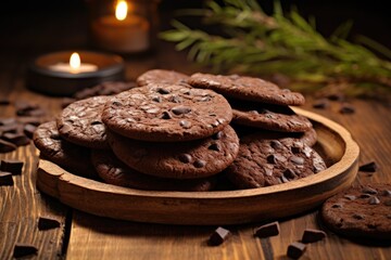 Homemade chocolate cookies and chips on wooden table