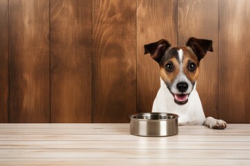 Hungry Jack Russell dog eating from food bowl isolated on wood background