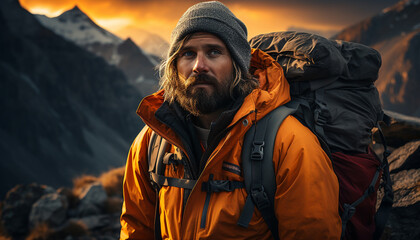 Fototapeta premium One person hiking in the mountain landscape generated by AI