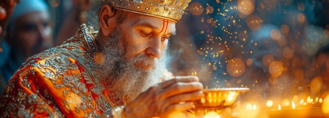 The marriage ritual is performed in the temple by the priest, who covers the bride's head with a silver crown.