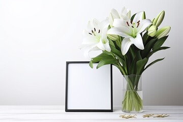 Indoor funeral frame with black ribbon lilies and space for design on white table