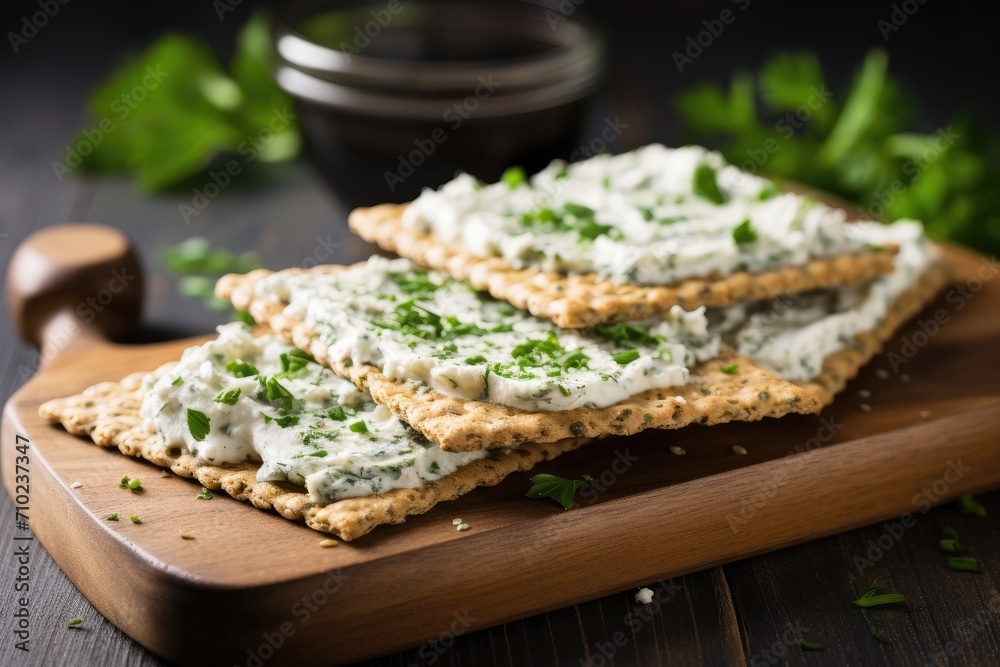 Wall mural Cottage Cheese and parsley on white wooden board with homemade Crispbread toast - Wall murals