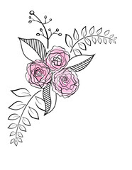 vector illustration of a bouquet of pink watercolor roses, with decorative leaves, branches with leaves, and a branch with berries