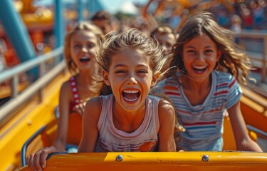 A young family enjoying a theme park rollercoaster ride. yelling, laughing, and having a great time on their summer holiday together