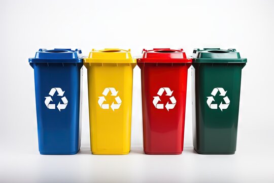 Isolated recycle bins with colored symbols on white background