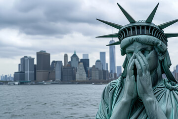Emotional statue of liberty with her head in hands. American state of grief and depression - obrazy, fototapety, plakaty