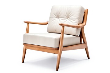 Isolated white lounge chair Modern armchair with solid wood frame Beige armchair with wooden armrests Side view of wooden lounge chair