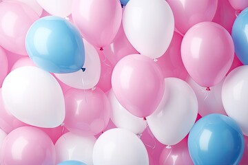 Fototapeta na wymiar Balloons in pink white and blue on a pink backdrop