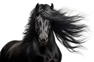 A white background portrait of a black stallion with a long mane in motion