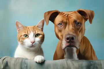 Two domestic animals showcased in the banner, featuring a focused American Staffordshire dog and a ginger cat averting its gaze.