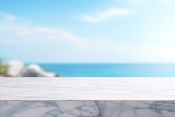 A banner template with a blank glossy white marble table top, depicting a blurred background of blue sky and sea bokeh. It serves as a mock-up for displaying various products.
