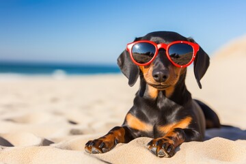 A gorgeous dachshund, with a black and tan coat, relaxing in the sand at the beach during a summer vacation, adorned with stylish red sunglasses. - obrazy, fototapety, plakaty